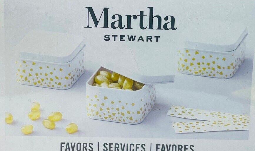 White Metal Favor Boxes 10 White & Gold Tins w/Lids & Gold Lables - Martha Stewa