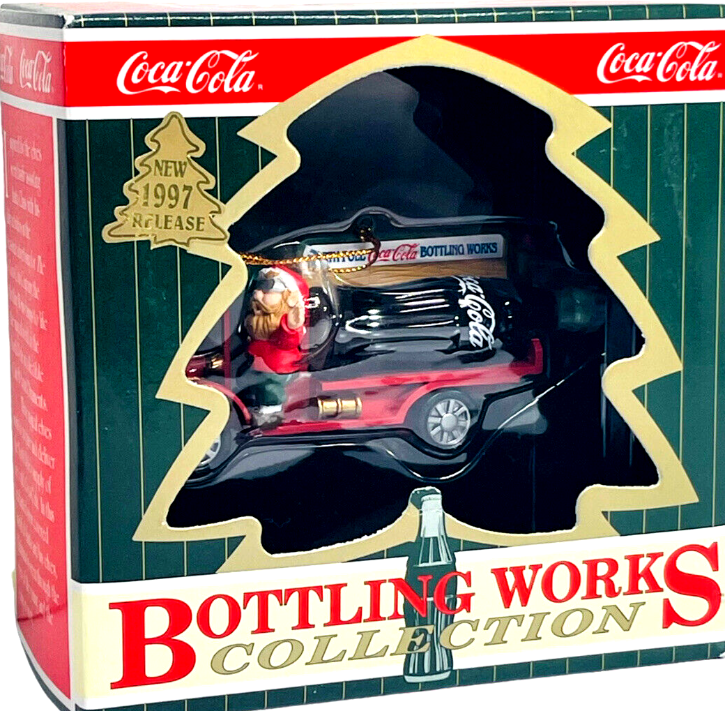 1997 Coca Cola Truck Ornament Holding a Bottle of Coke W/Santa's Ornament