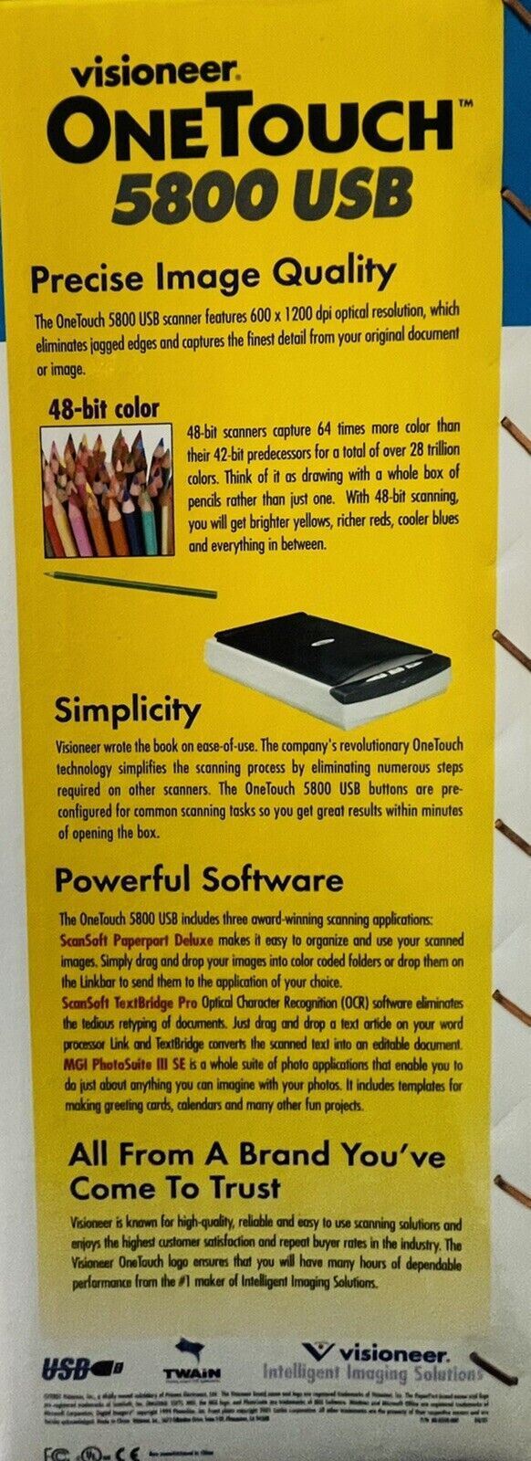 Flatbed Scanner OneTouch 48-Bit Color, Photo Suite III SE-USB-Visioneer 5800 NEW