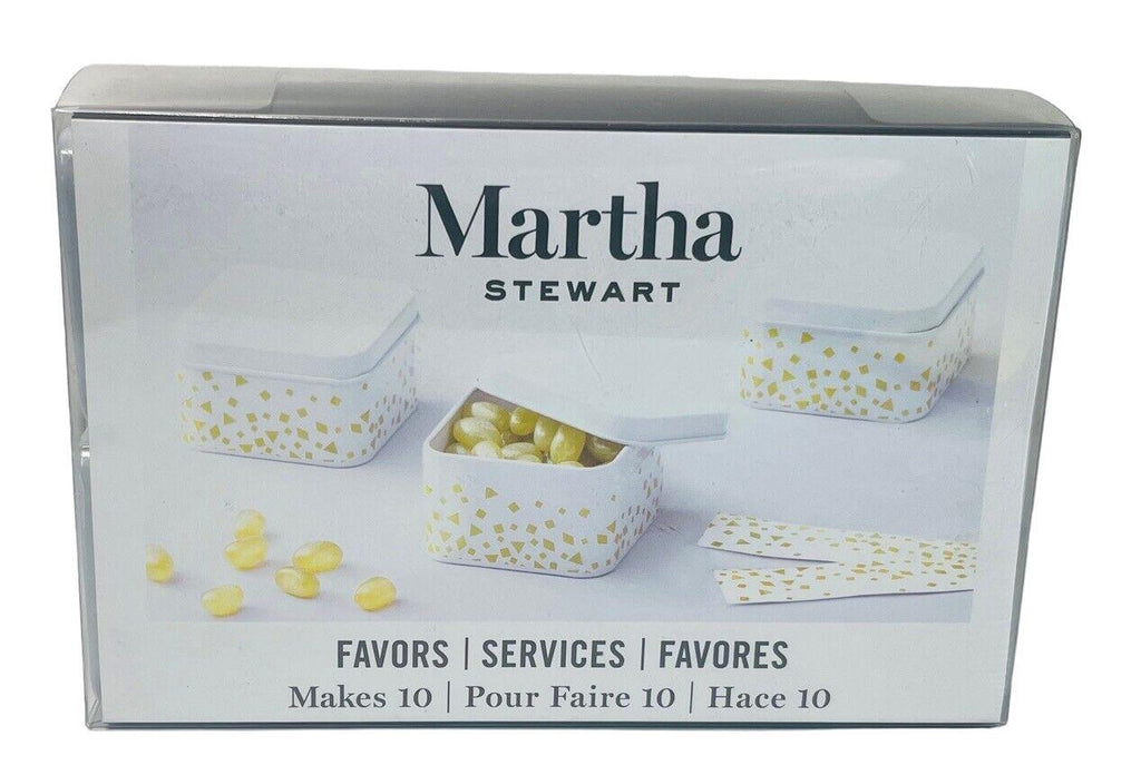 White Metal Favor Boxes 10 White & Gold Tins w/Lids & Gold Lables - Martha Stewa