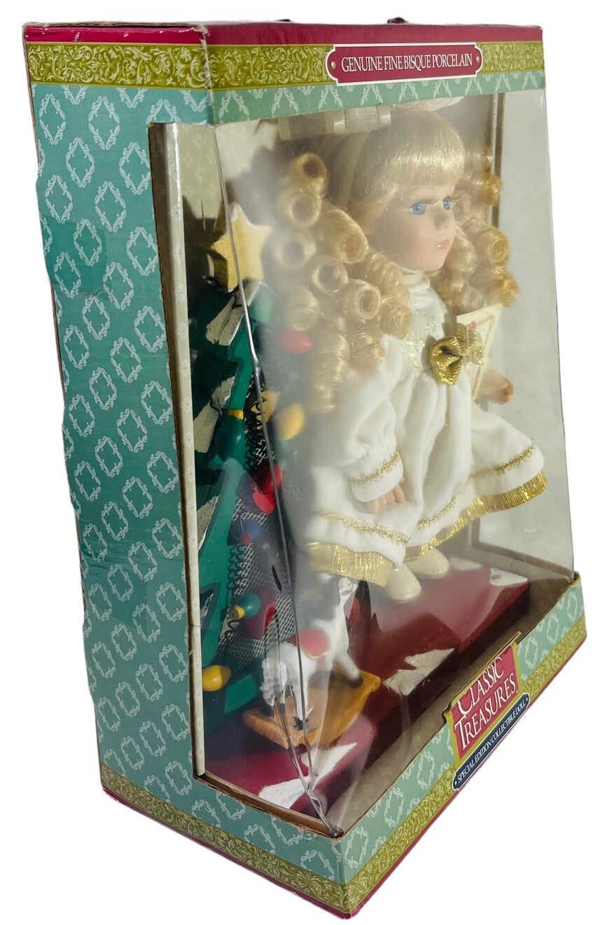 Classic Treasures Porcelain Doll w/Christmas🎄Rocking Horse On Wood Stand "NEW".