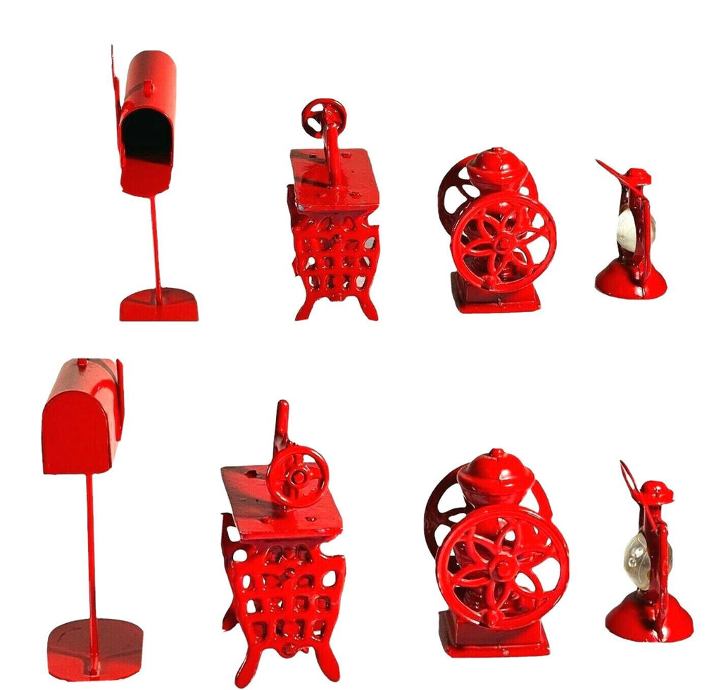LOT of  4 METAL DOLLHOUSE SIZE Red Mailbox/Fire Hydrant/Lantern/Sewing Machine