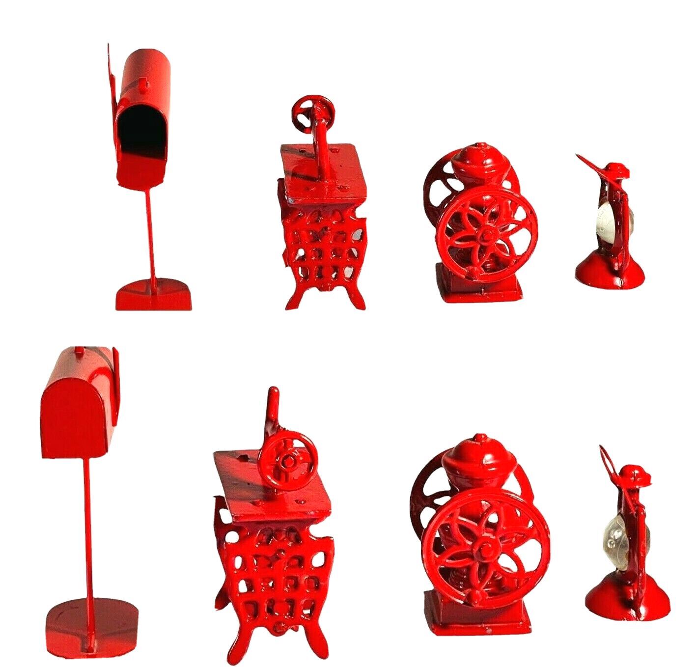 LOT of  4 METAL DOLLHOUSE SIZE Red Mailbox/Fire Hydrant/Lantern/Sewing Machine