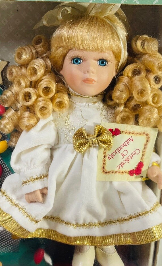 Classic Treasures Porcelain Doll w/Christmas🎄Rocking Horse On Wood Stand "NEW".