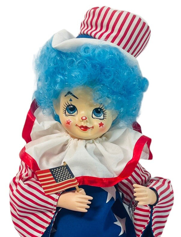 CLOWN 14" DOLL BRINNS JULY CALENDAR PORCELAIN, w/COA~IN ORIGINAL BOX.