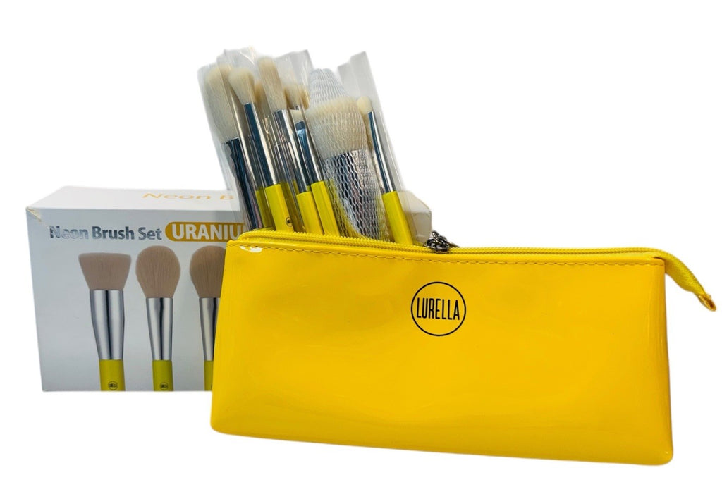 Lurella Cosmetics Neon Brush Set Color: YELLOW with Zipped Cosmetics Bag