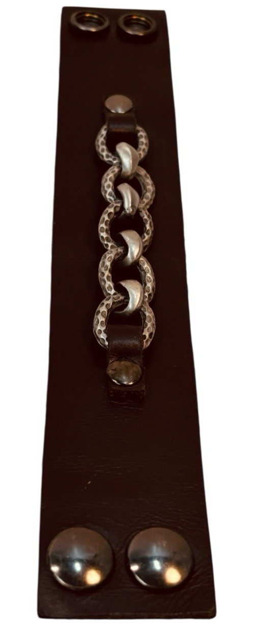 MENS LEATHER BRACELET w/SILVER HOOP CHAIN, DOUBLE SNAP CLOSER ~ SIZE 8" WRIST