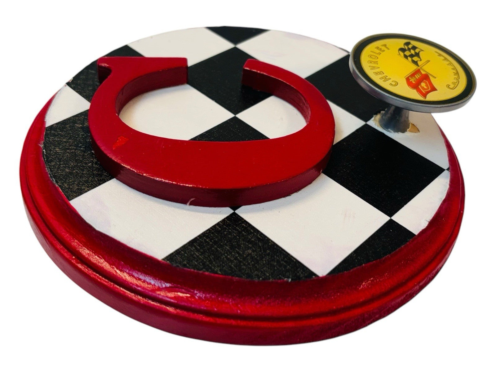 CHEVROLET CARVETTE RACING FLAG Metal Hook On Wood Plaque  6.5X6.5" Round.