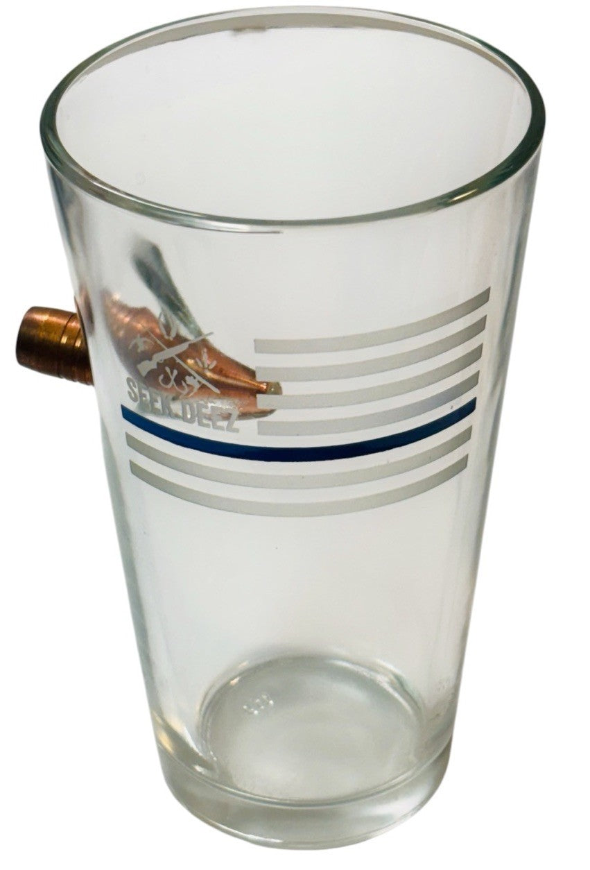 Thin Blue Line Pint Glass w/CNC'd Copper Bullet (Lead/Gunpowder Free) Seek Deek.