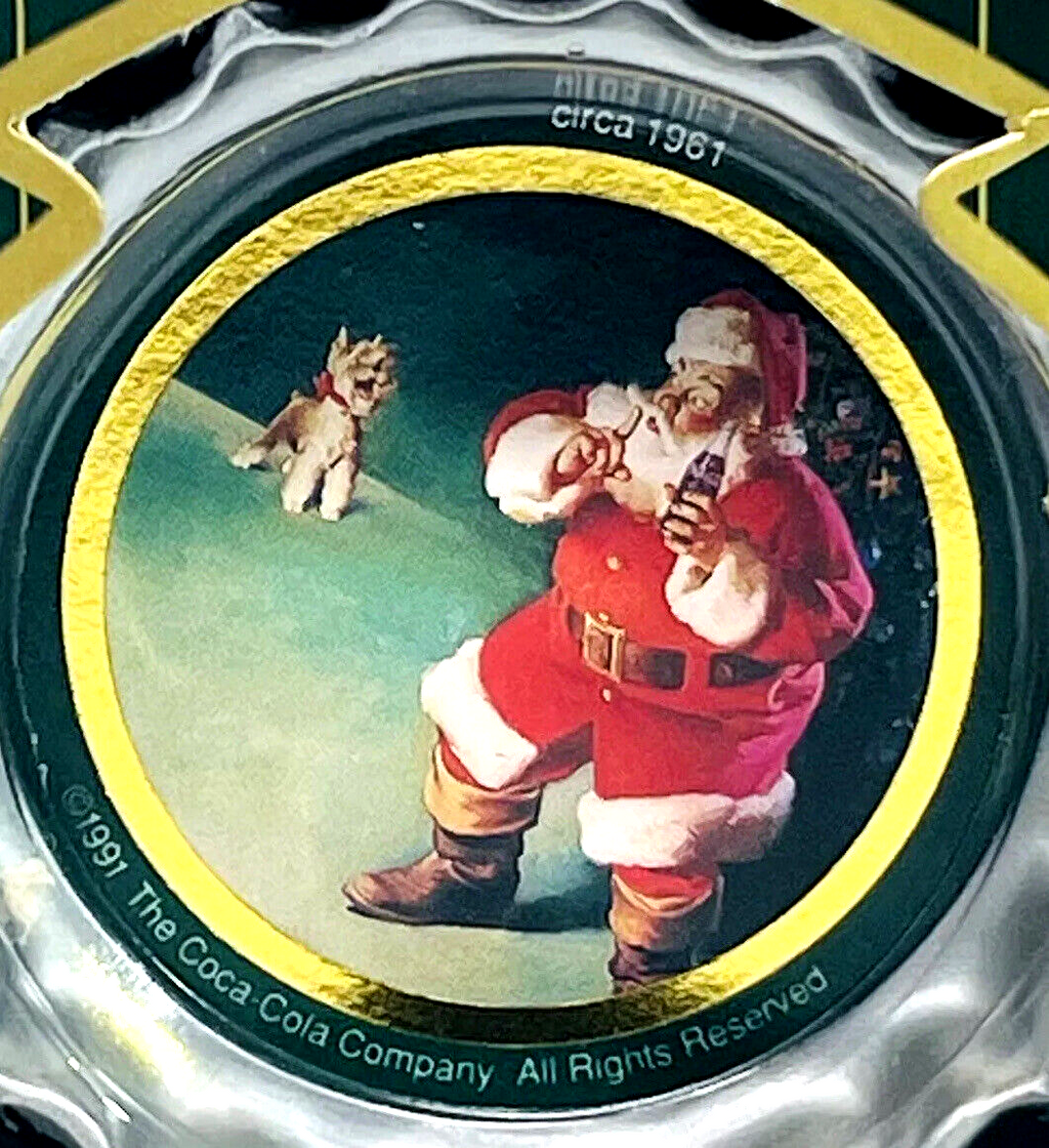 1990 Coca Cola Bottle Cap Christmas Ornament, Santa Drinking Cola!