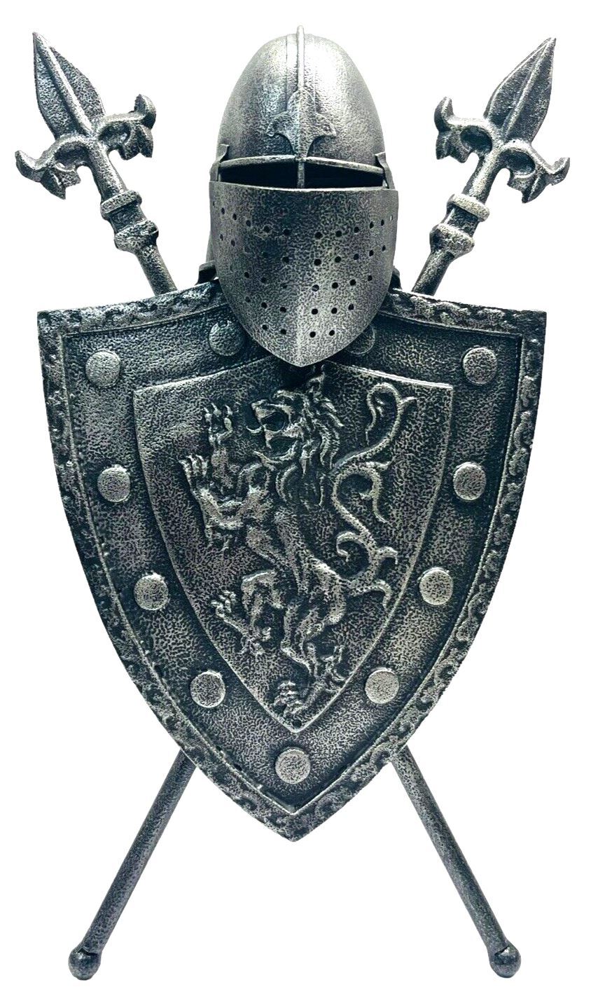 Armor Iron Shield with Swords & Lion Figure, Wall Hanging 16''T - VINTAGE - MINT