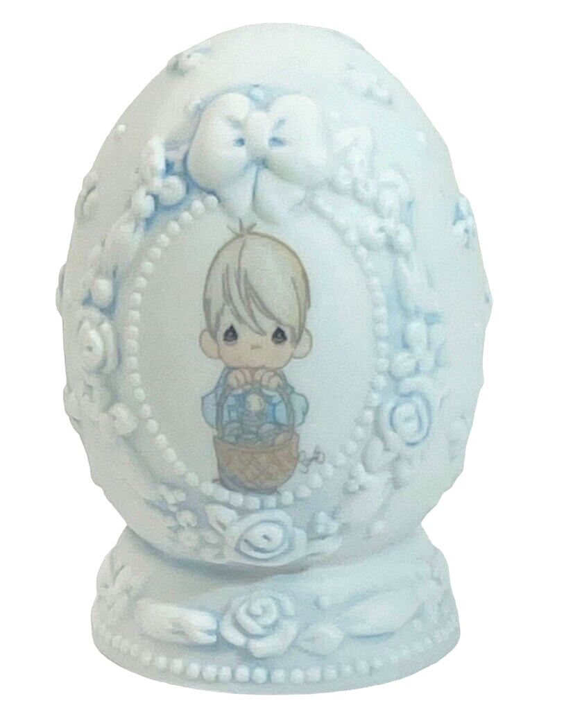 1997 Precious Moments Figurine P/M BOY W/BASKET ON BLUE EGG-Enesco