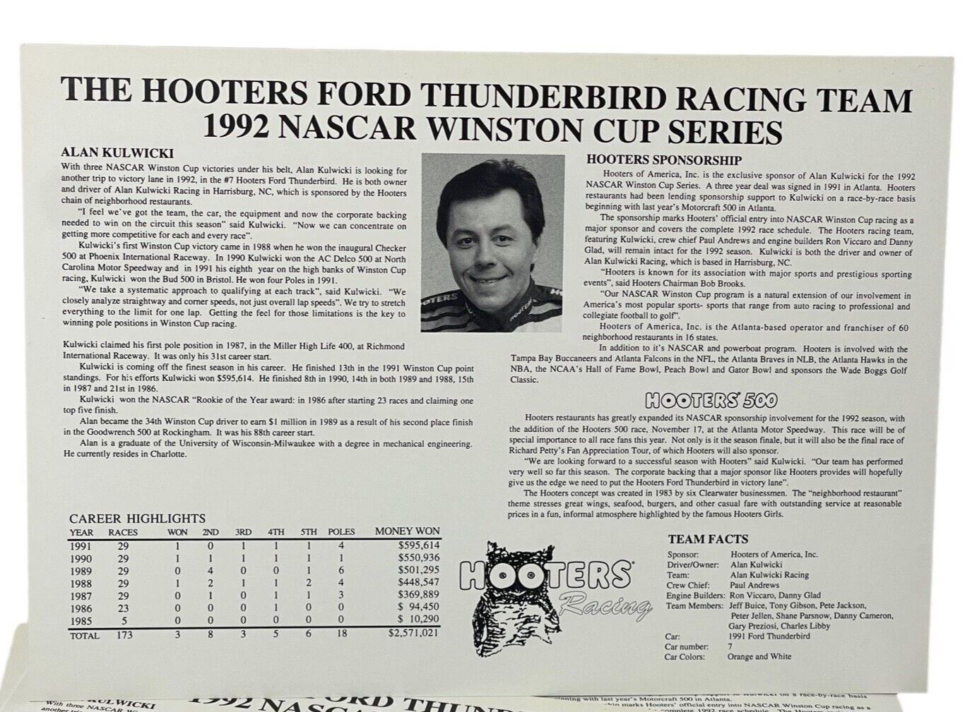 #7 Alan Kulwicki Racing Career · Racing Card 5'' X 7" Underbird Rising BRAND NEW