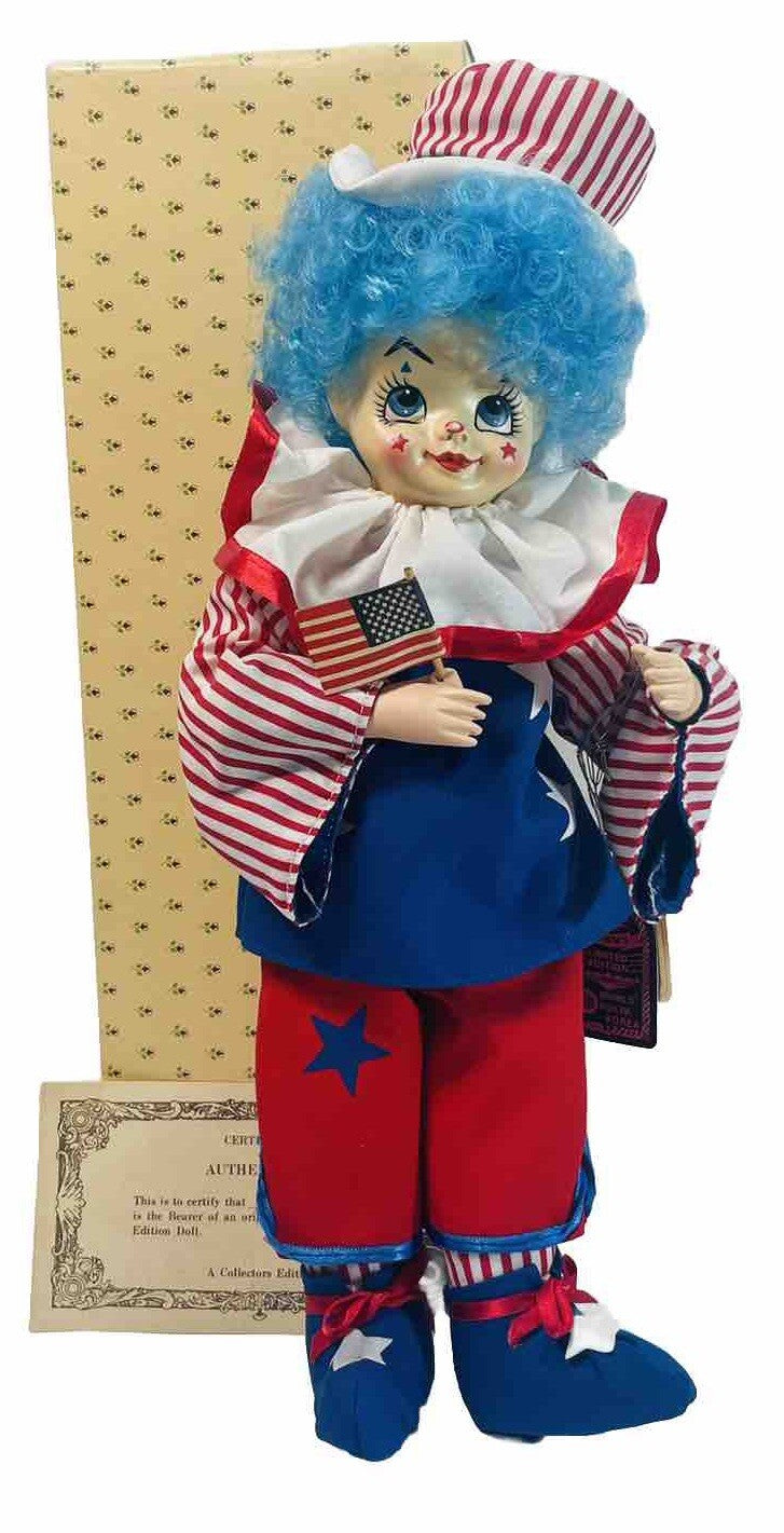 CLOWN 14" DOLL BRINNS JULY CALENDAR PORCELAIN, w/COA~IN ORIGINAL BOX.