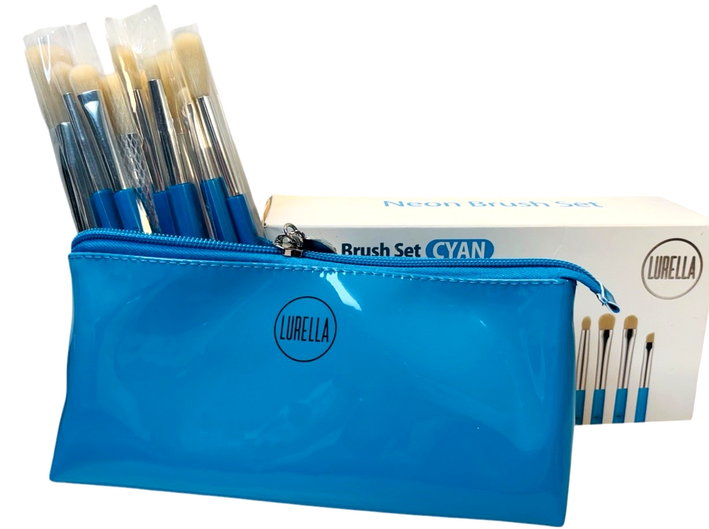 Lurella Cosmetics Neon Brush Set Color: CYAN with Zipped Cosmetics Bag