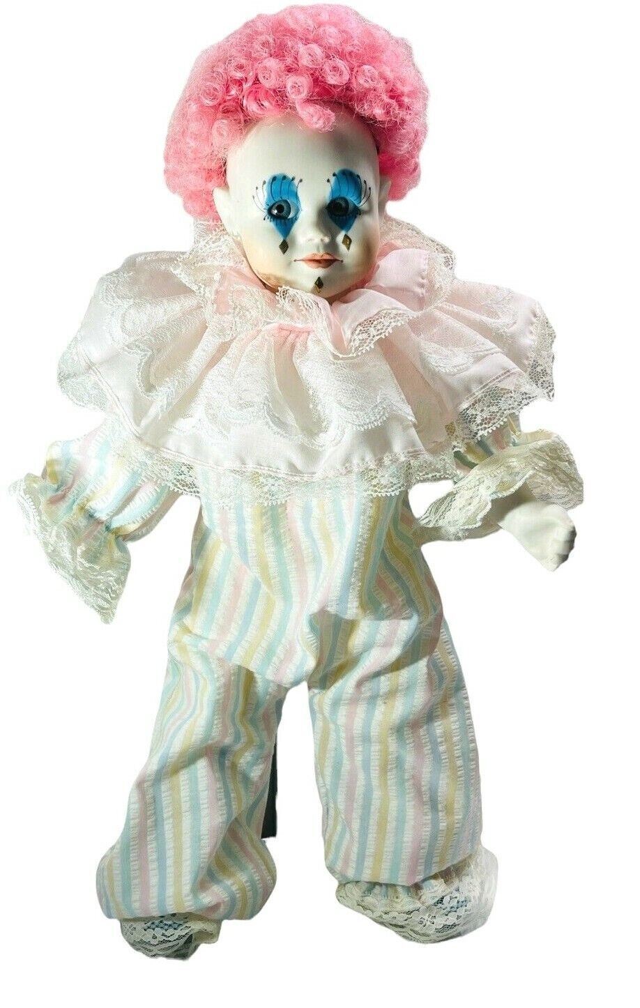 Adorable 20" Porcelain Clown Doll "1980 WINDUP, with Doll Stand, By; Joyce Wolf