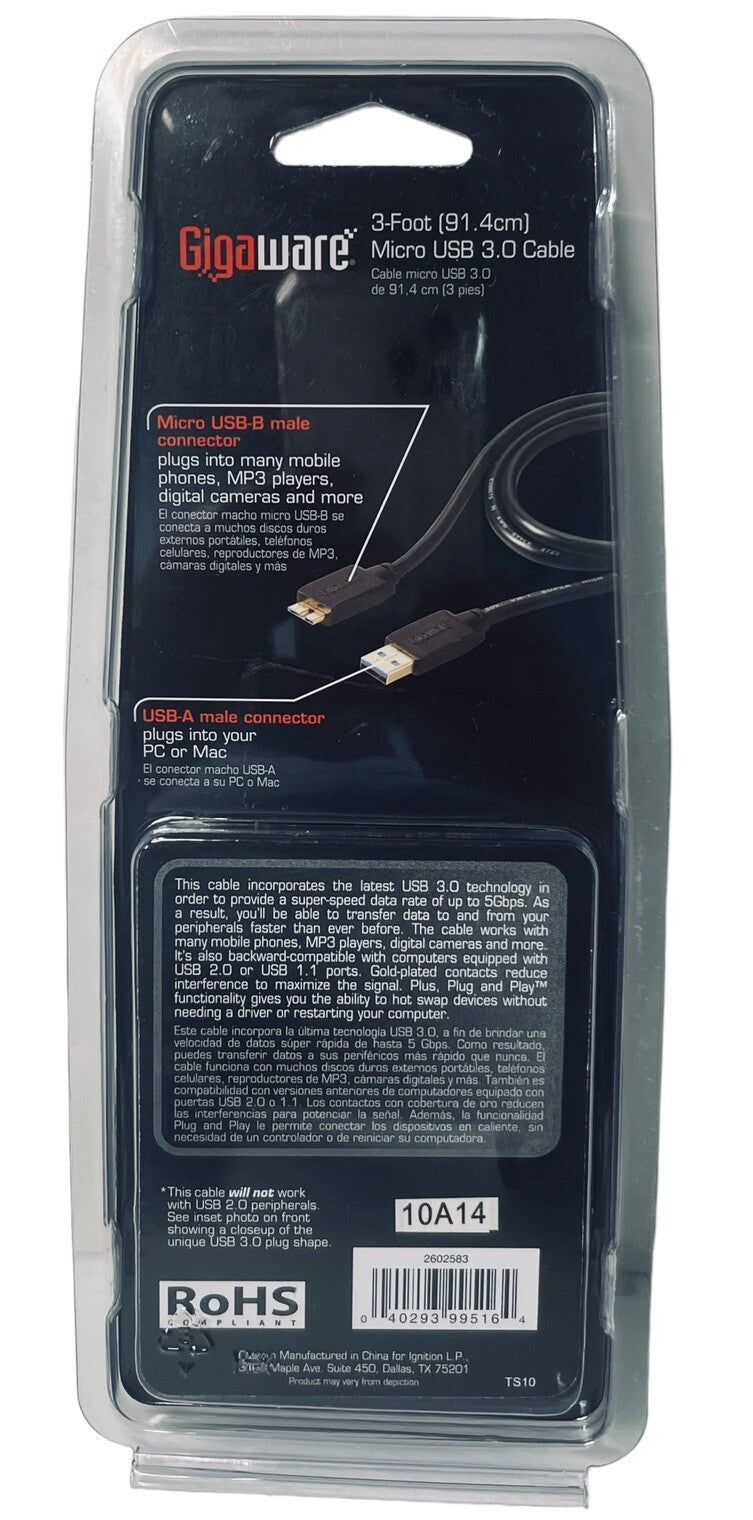 GIGAWARE 3-FOOT 91.4CM MICRO USB 3.0 CABLE for PC/MAC-2602583 - FACTORY SEALED