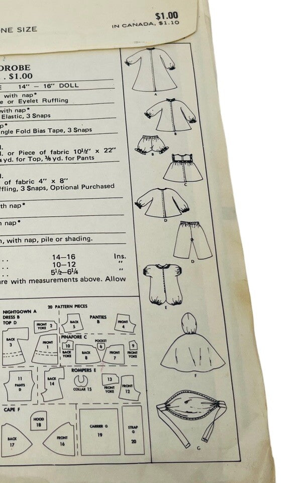 McCall's 3430 Baby Doll Wardrobe & Carrier Pattern for 14"-16" Dolls, Vintage