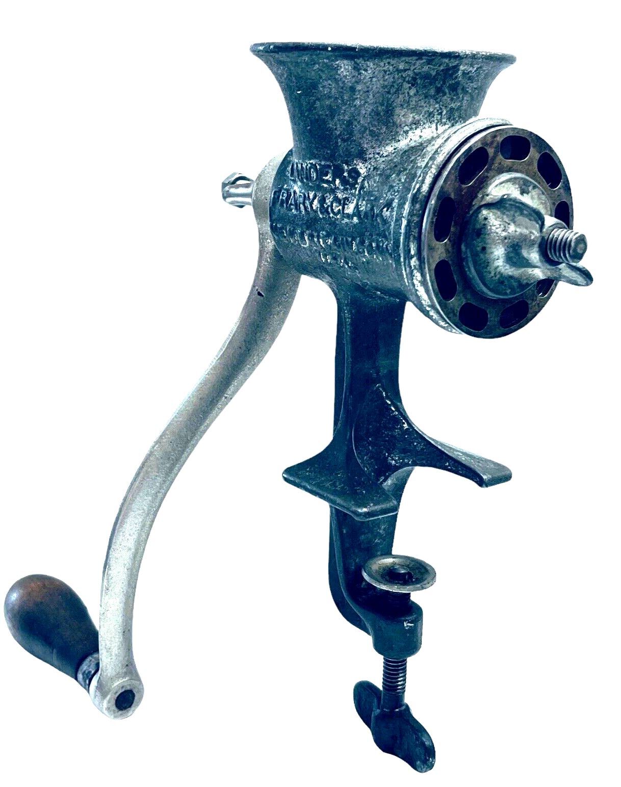 COLUMIBA FOOD CHOPPER Hand Crank Meat Grinder w/Wooden Handle - #120 - VINTAGE