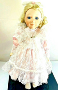 Franklin Mint Heirloom 20'' Porcelain Doll Blonde Hair/Pink Satin Dress VINTAGE