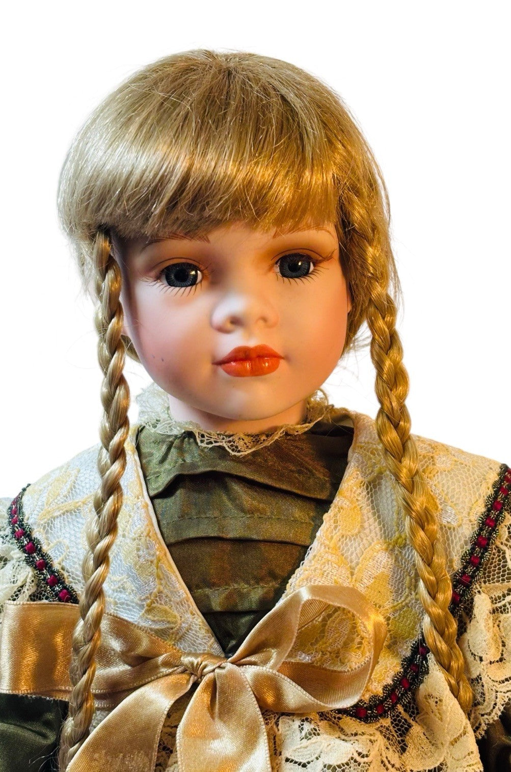 Porcelain Girl Doll Victorian Style Blode Hair, Astrology Print Clothes 16” Tall
