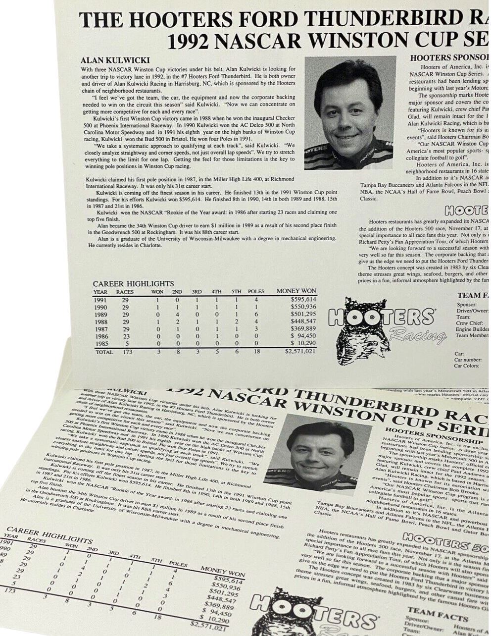 #7 Alan Kulwicki Racing Career · Racing Card 5'' X 7" Underbird Rising BRAND NEW