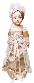 PORCELAIN DOLL 14" WEARING CREAM LACE SATIN GOWN W/MATCHING LACE BONNET.
