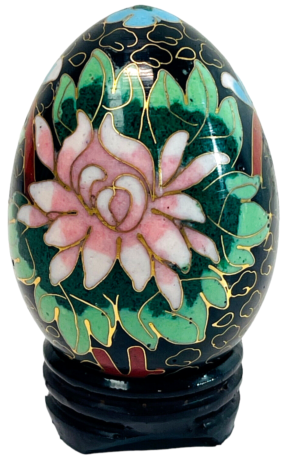 Floral Wood Egg w/Bright Flowers, Handmade w/Original Stand "MINT".