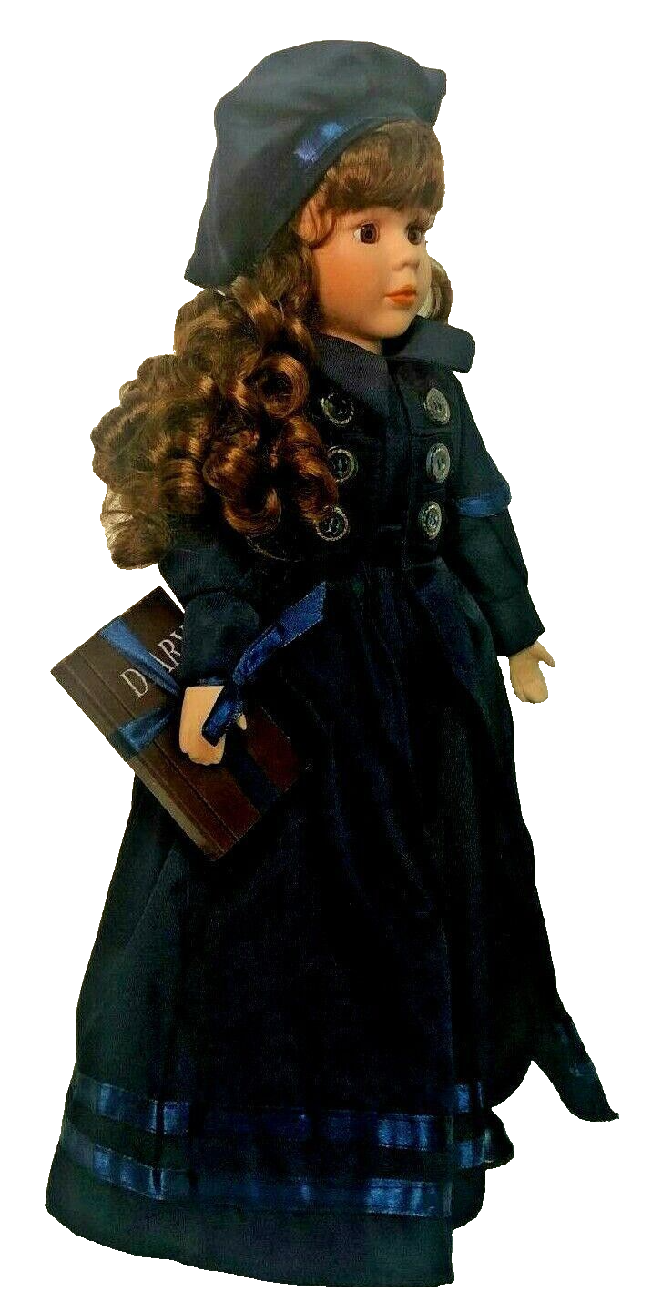 Design PS Victorian Porcelain Doll 15'' w/Long Blue Coat & Satin Trim Hat-1990s