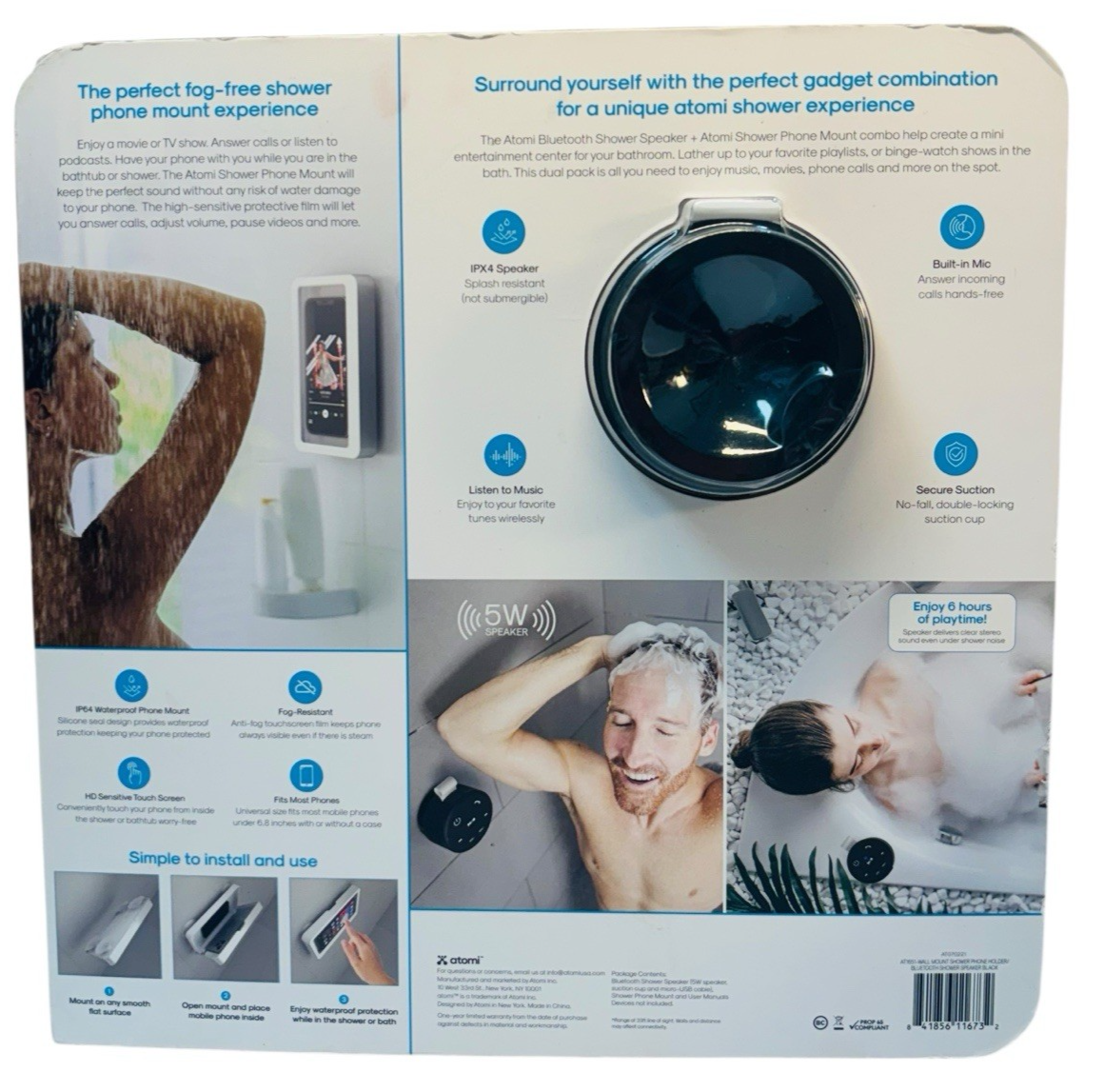 Atomi Bluetooth Shower Speaker + Shower Phone Mount, 5W SPEAKER, 6 HRS PLAY TIME