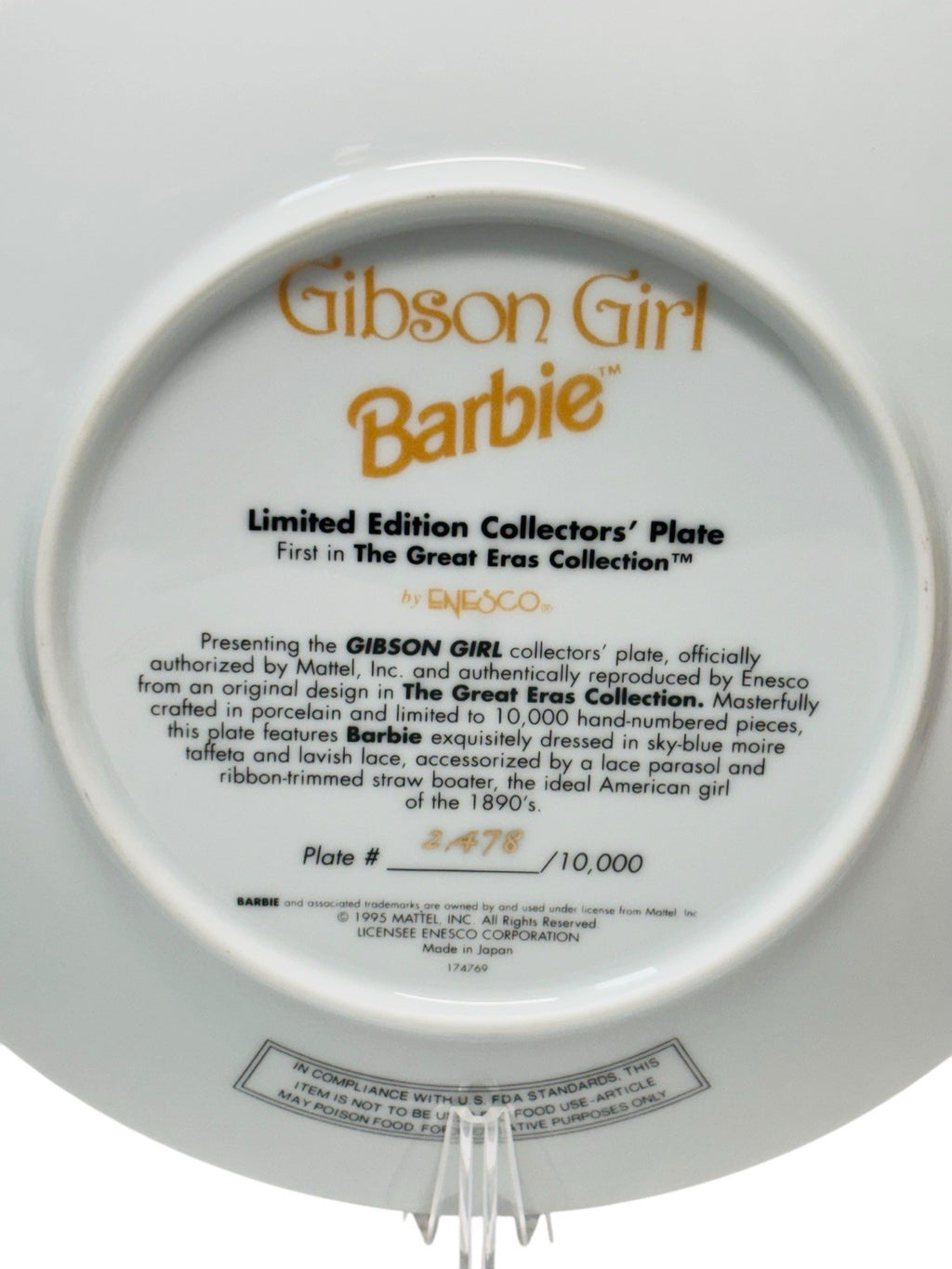 Enesco Gibson Girl Barbie 8" Collectors'1995 Plate, Barbie Collectibles Limited