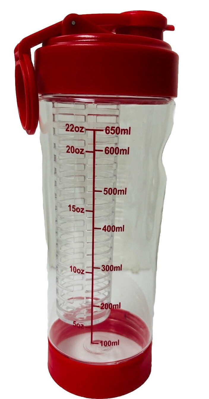 Fruit Infuser Water Bottle W/Pill Storage (Morning/Noon/Evening/Bed) Red & Clear