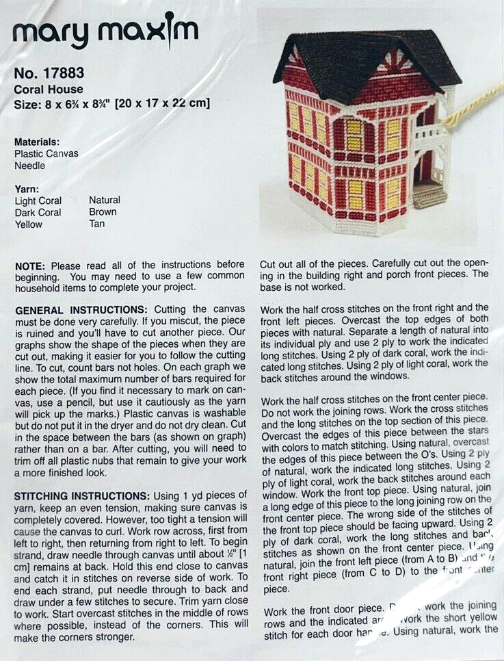 Cross Needle Stitch Plastic Canvas Kit No. 17883 Coral House MARY MAXIM