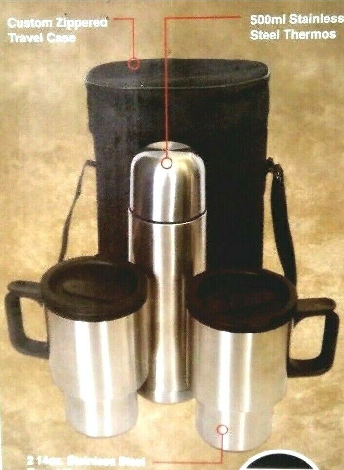 Travel Stainless-Steel Thermos, 2 Mugs and Travel Bag By: Chefs Basics