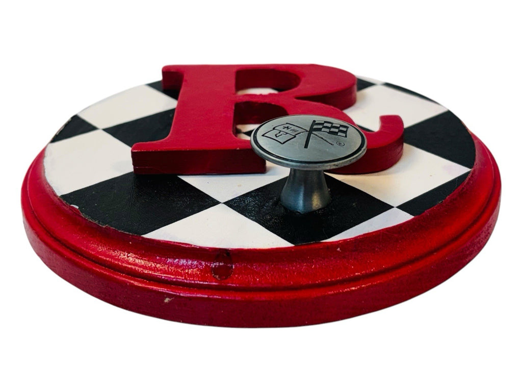 CHEVROLET RACING FLAG Metal Hook On Wood Plaque  w/Letter "R" 6.5X6.5" Round.