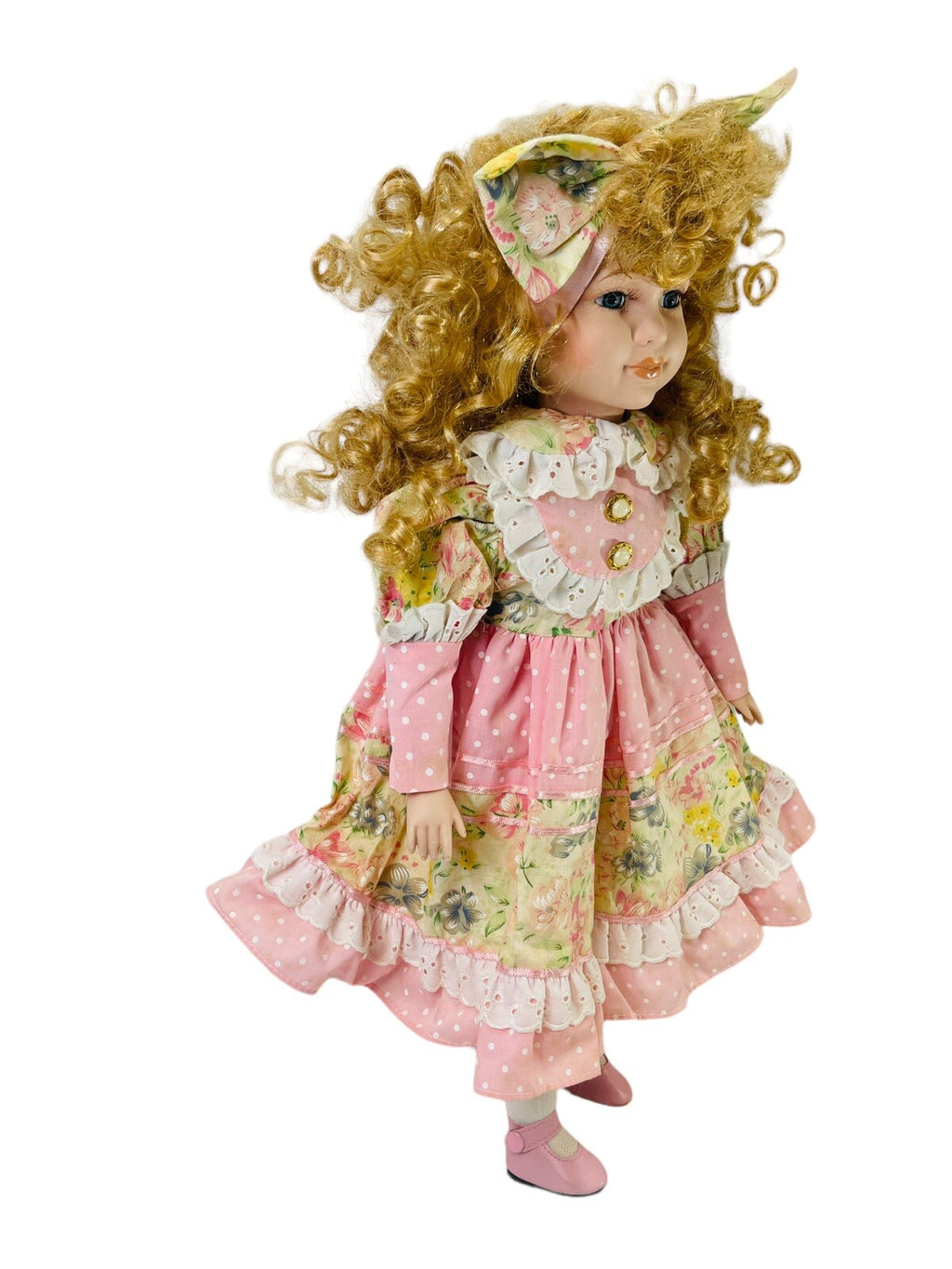 World Bazaars Bisque Sweet N Pink Porcelain Doll 19” Red Curly Hair & Blue Eyes.