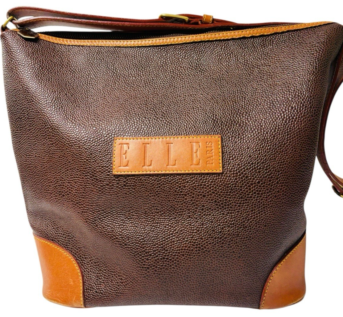 VINTAGE ELLE PARIS PURSE, ZIPPER CLOSER, ADJUSTABLE SHOULDER STRAP W 14” X H 11”