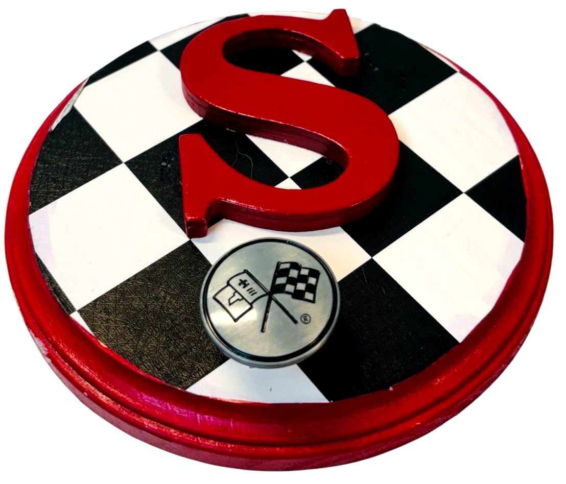 CHEVROLET  RACING FLAG Metal Hook On Wood Plaque  w/Letter "S" 6.5X6.5" Round.