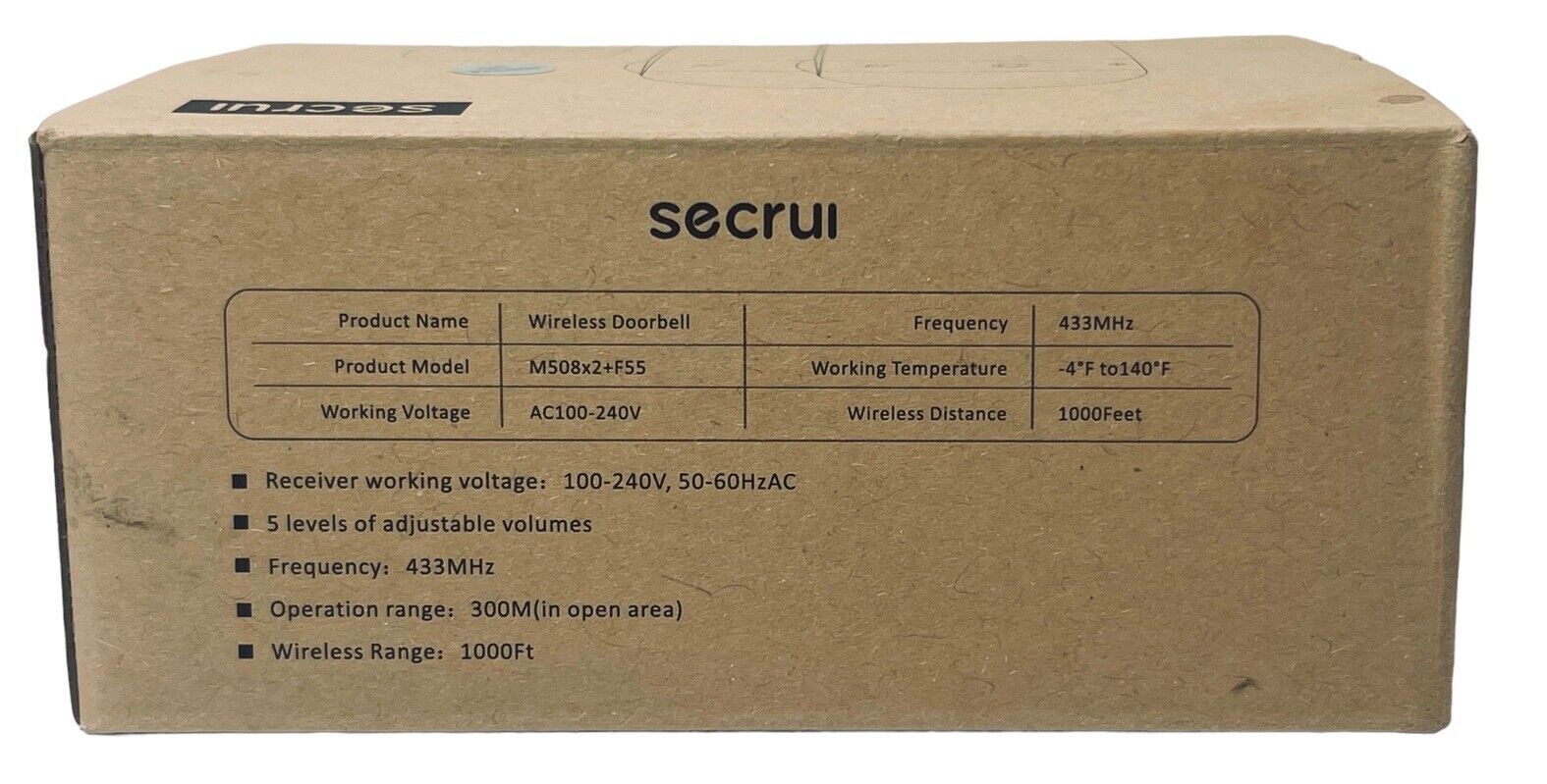 Secrui Wireless Doorbell, Model M508x2+F55, Black ~ w/Manual ~ In Original Box