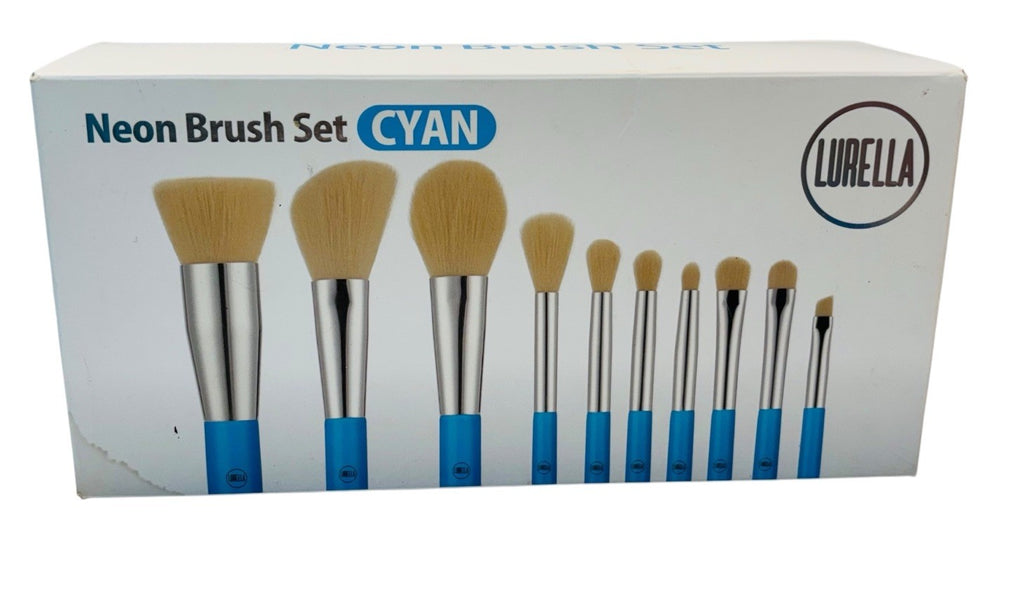 Lurella Cosmetics Neon Brush Set Color: CYAN with Zipped Cosmetics Bag