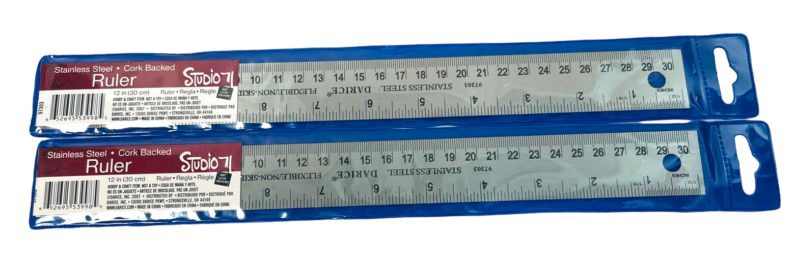 12” Stainless Steel Cork Backed Ruler W/Storage Clear Sleeve STUDIO 71