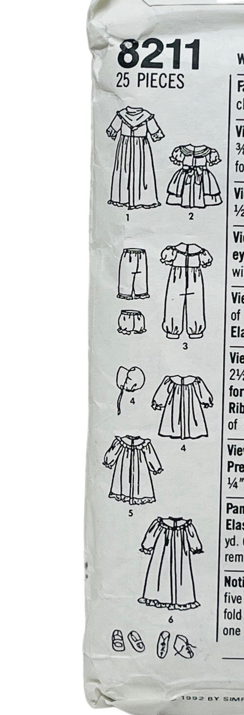 18" Doll Pattern Clothes Dress Romper Bonnet Shoes Simplicity 8211 Vintage 1994
