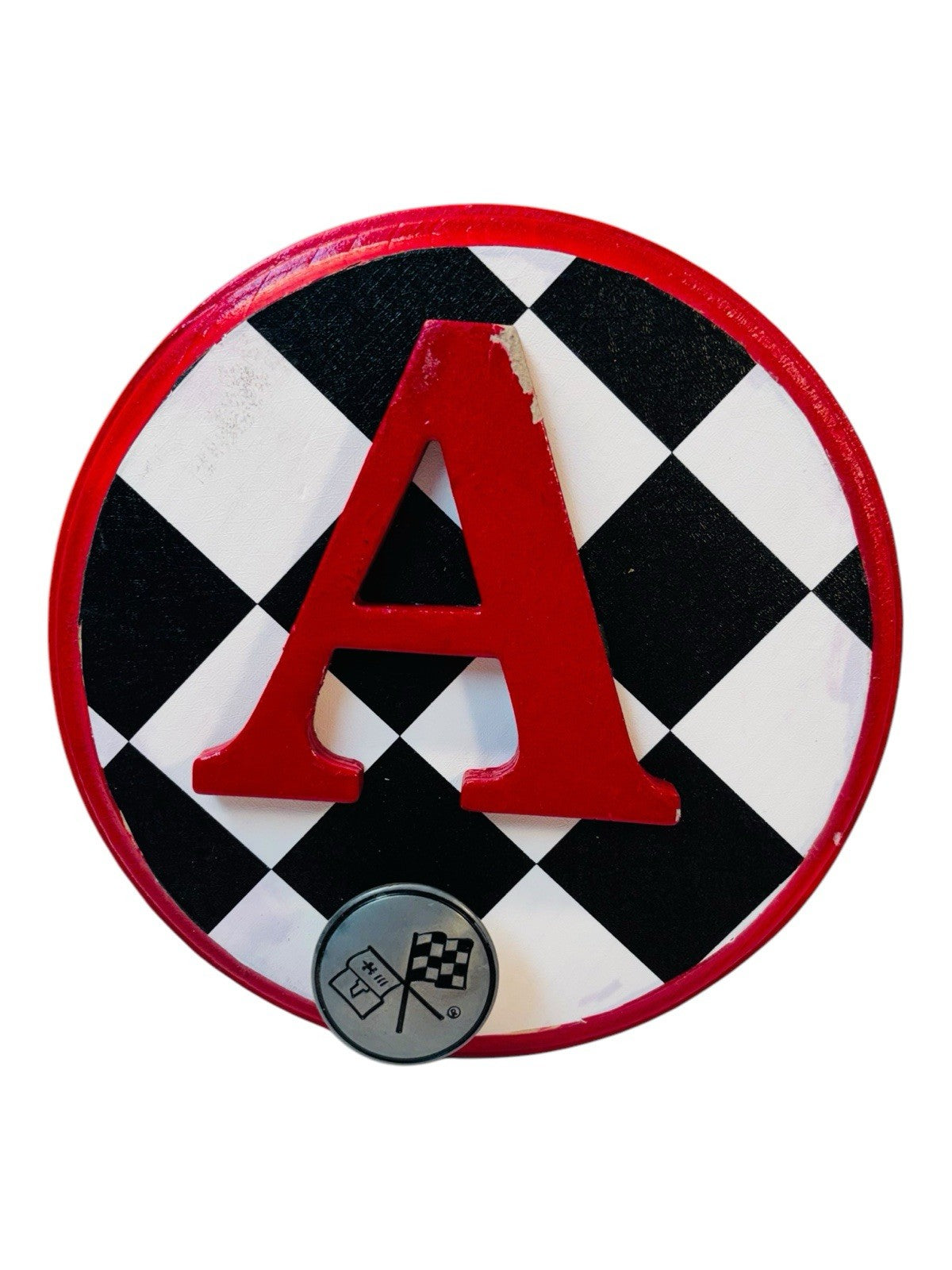 CHEVROLET  RACING FLAG Metal Hook On Wood Plaque  w/Letter "A" 6.5X6.5" Round.