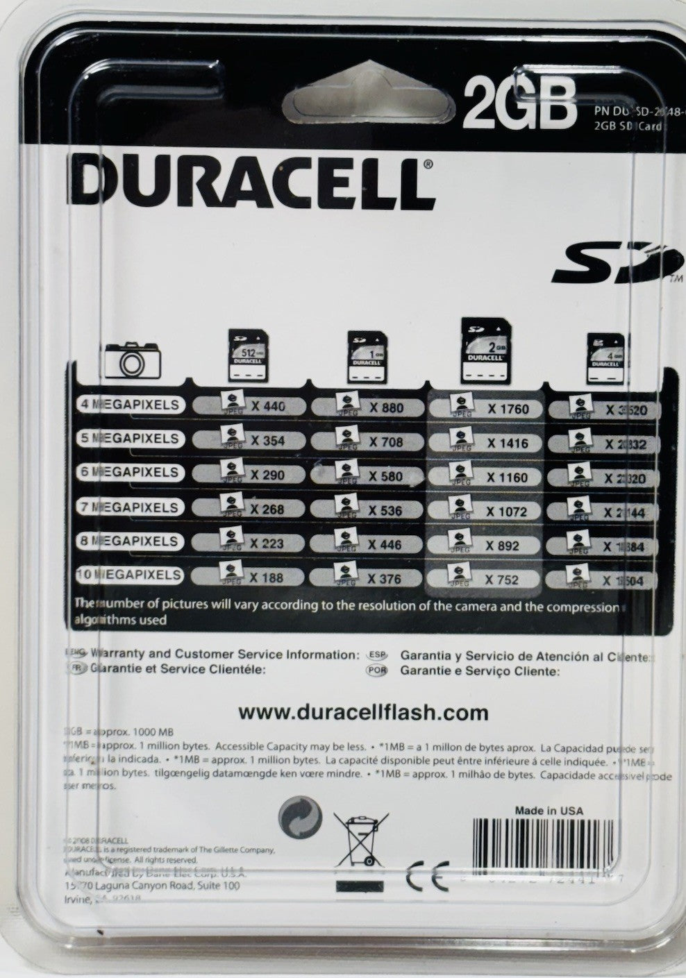 Duracell SD Flash Memory Card 2 GB, New in Original Unopened Packaging