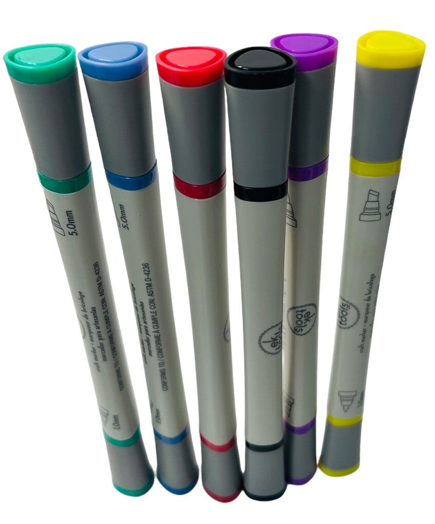 ek CRAFT MARKERS 6-PACK ~ 2-MARKERS IN ONE 1.0mm/5mm w/6-COLOR PENCILS & BAG