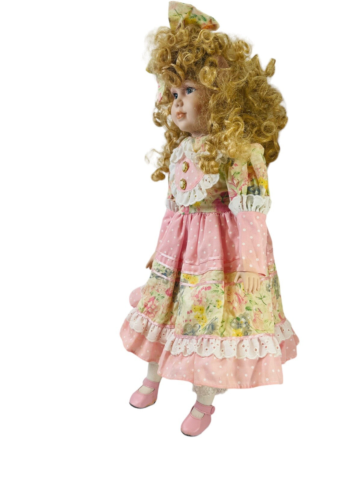 World Bazaars Bisque Sweet N Pink Porcelain Doll 19” Red Curly Hair & Blue Eyes.