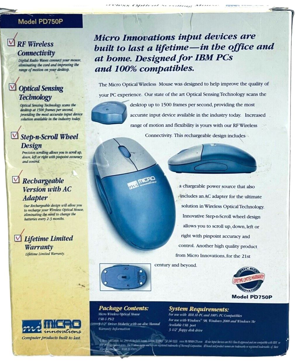 WIRELESS MICRO MOUSE OPTICAL MODEL PD750P (RF WIRESS CONNECTIVITY) w/5-BUTTOMS