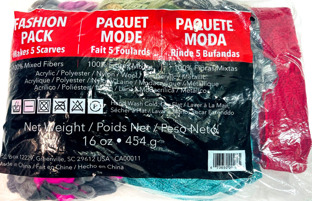 100% Mix Fibers Yarn Make 5-Scarves Net Weight 16 Oz. Fashion Pack