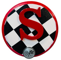 CHEVROLET  RACING FLAG Metal Hook On Wood Plaque  w/Letter "S" 6.5X6.5" Round.