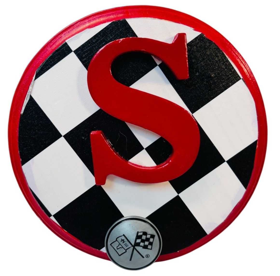CHEVROLET  RACING FLAG Metal Hook On Wood Plaque  w/Letter "S" 6.5X6.5" Round.